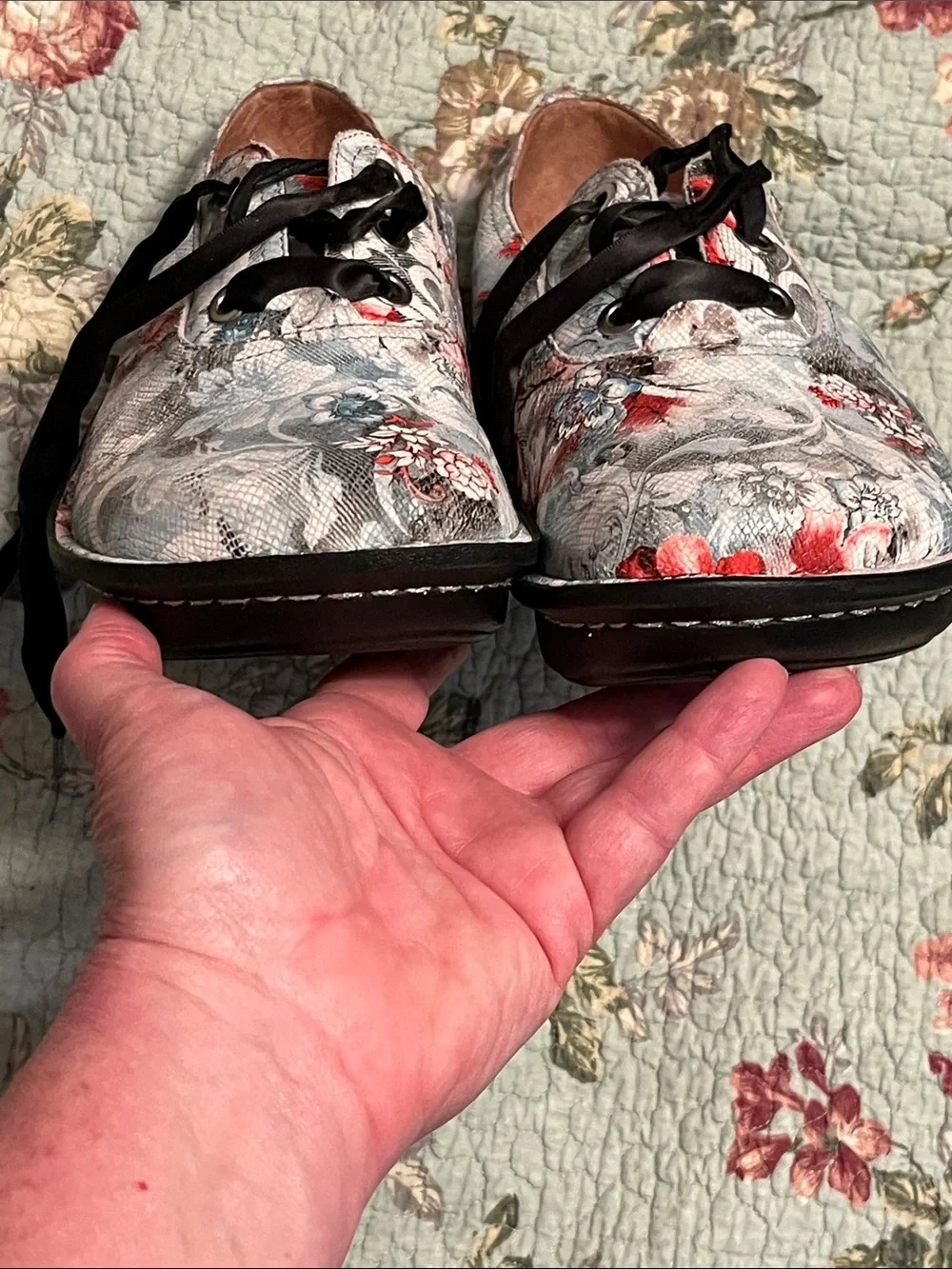 Alegria Floral Lace-Up Oxfords in white with Red & Blue floral Details